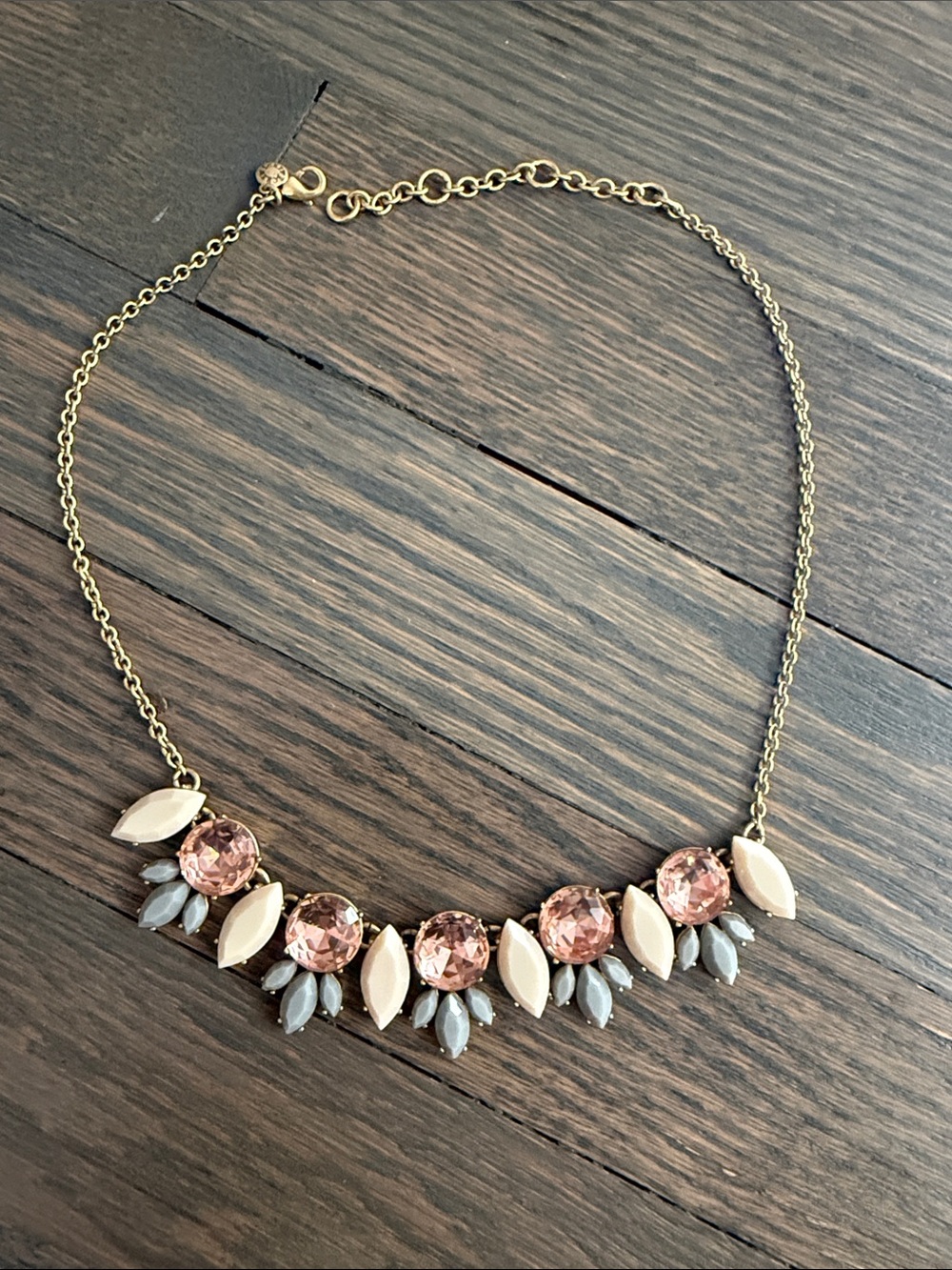 J. Crew Gold-Tone Pink Crystal with grey and blush bead Statement Necklace